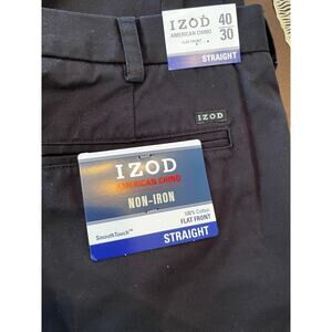 IZOD American Chino Pants Mens 40x30‎ Black Flat Front Smooth Touch Non-Iron NWT